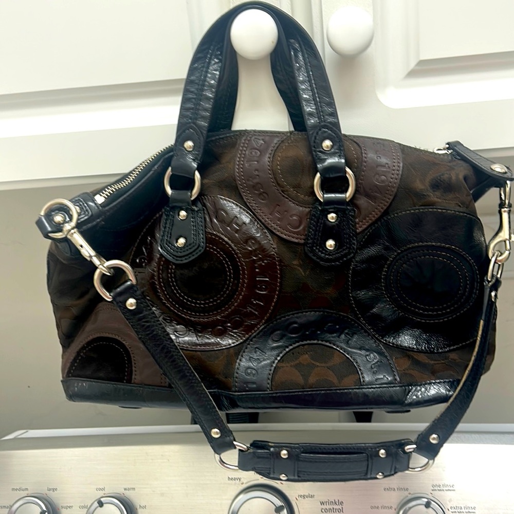 EUC COACH Ashley Pieced Leather-Suede-Canvas Patchwork Satchel/Shoulder Bag